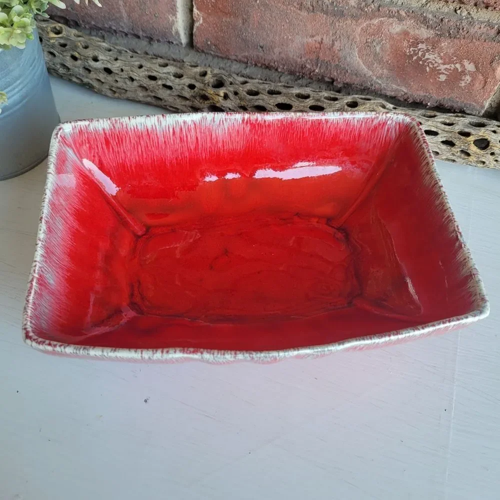 Vintage MCM Red Drip Glaze Pottery Planter